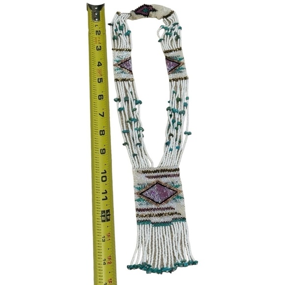 Native American White Turquoise and Purple Beaded Long Dangle Necklace - Picture 5 of 7